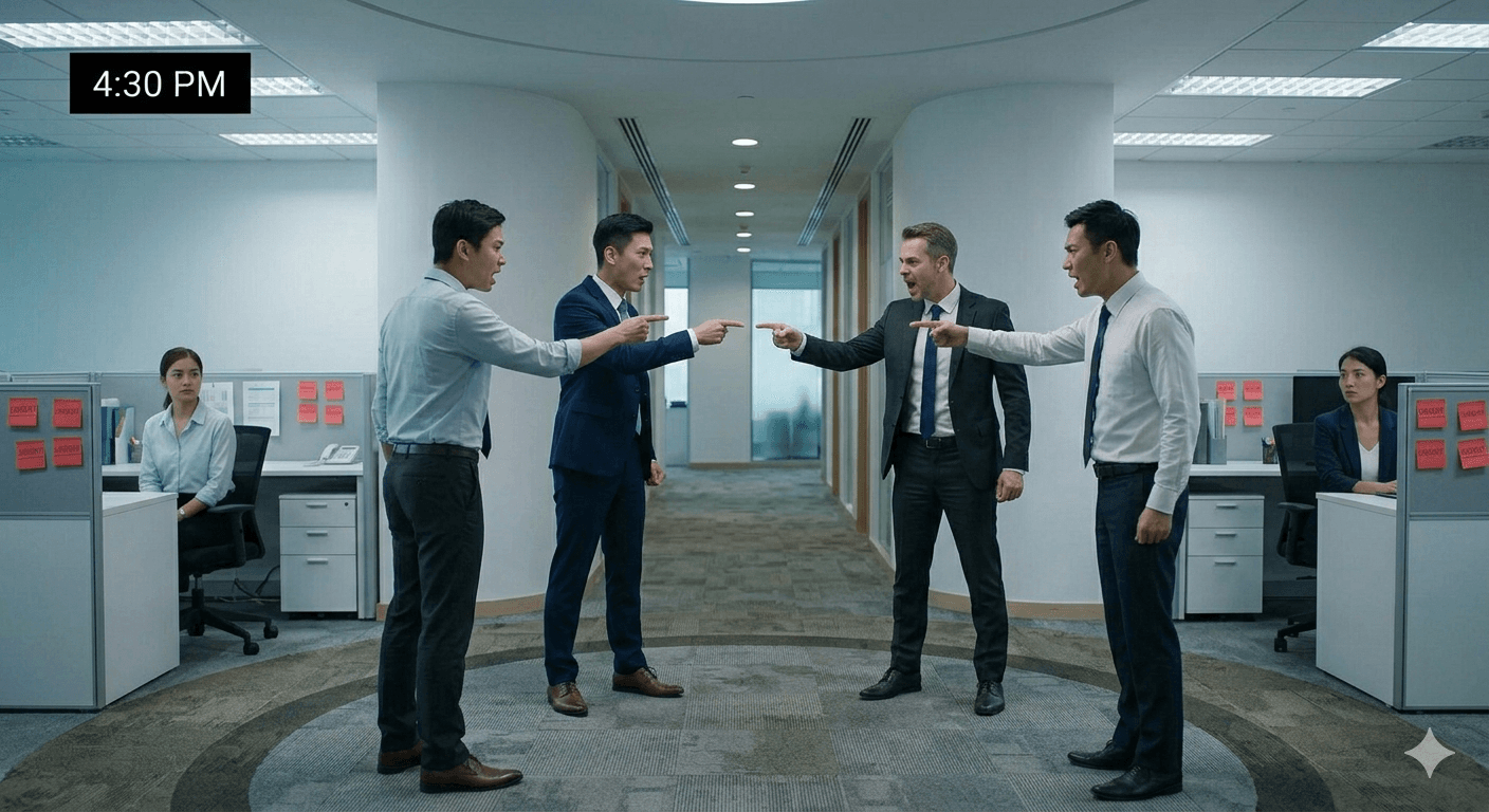 Office scene with people pointing at each other as accountability breaks down