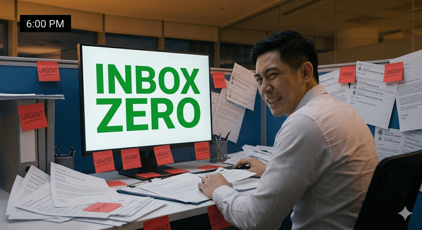 Inbox zero image showing a crowded desk and urgent markers despite a clean inbox label