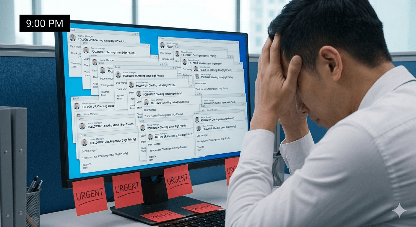 Late night follow-up overload with stressed employee facing many reminder messages