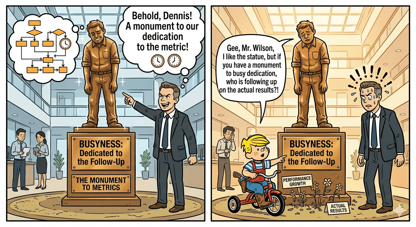 Comic strip about building a monument to the metric instead of following actual results