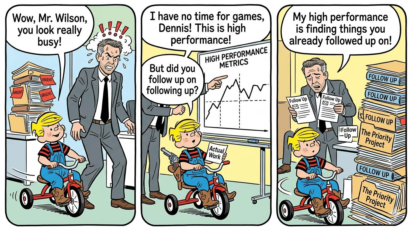 Comic strip about being busy and following up on following up