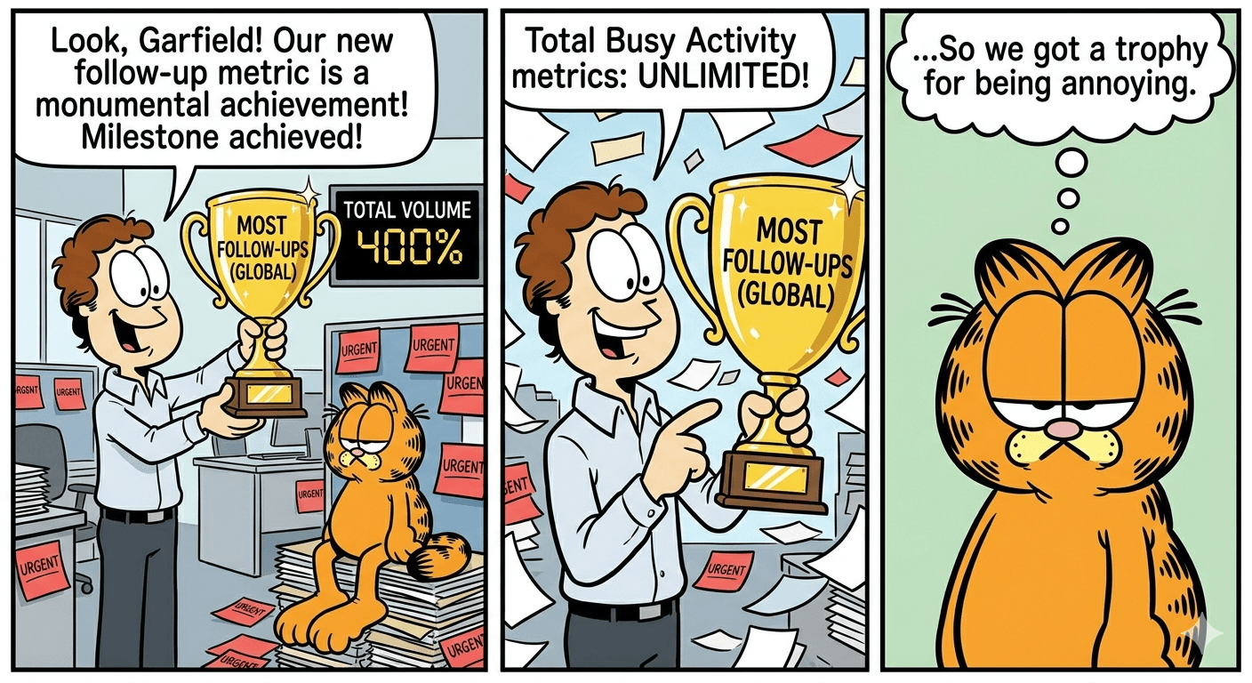 Comic image showing a trophy for the most follow-ups and the absurdity of celebrating that metric